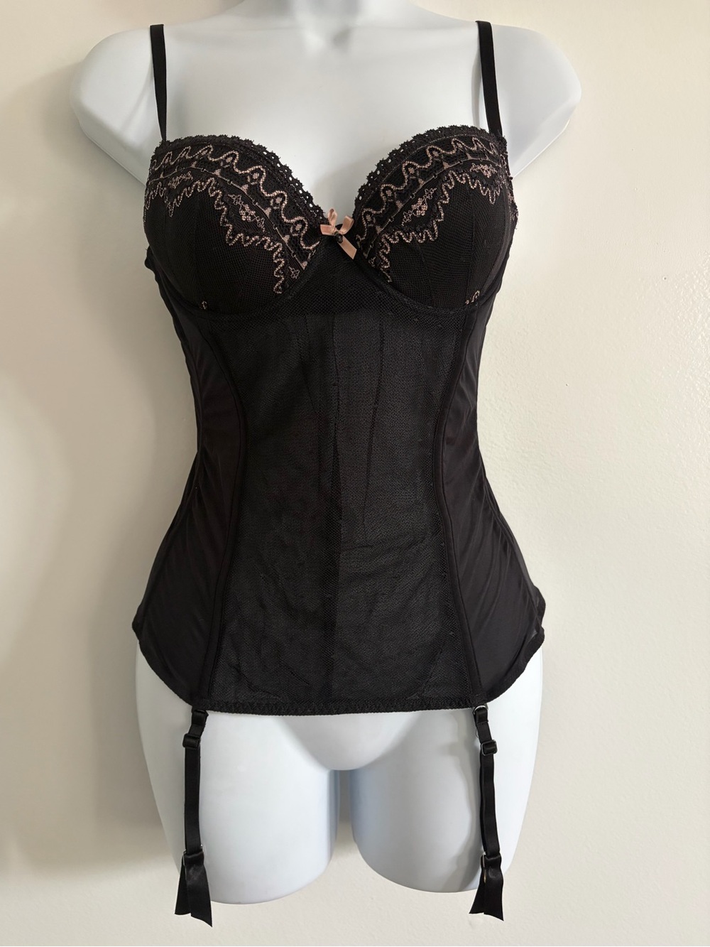 Intimissimi Black Lace Corset Pink Bow Size 36B